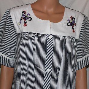 WOMENS EASY ESSENTIALS NAVY WHITE STRIPES SNAPS HOUSECOAT DUSTER PLUS SIZE 1X